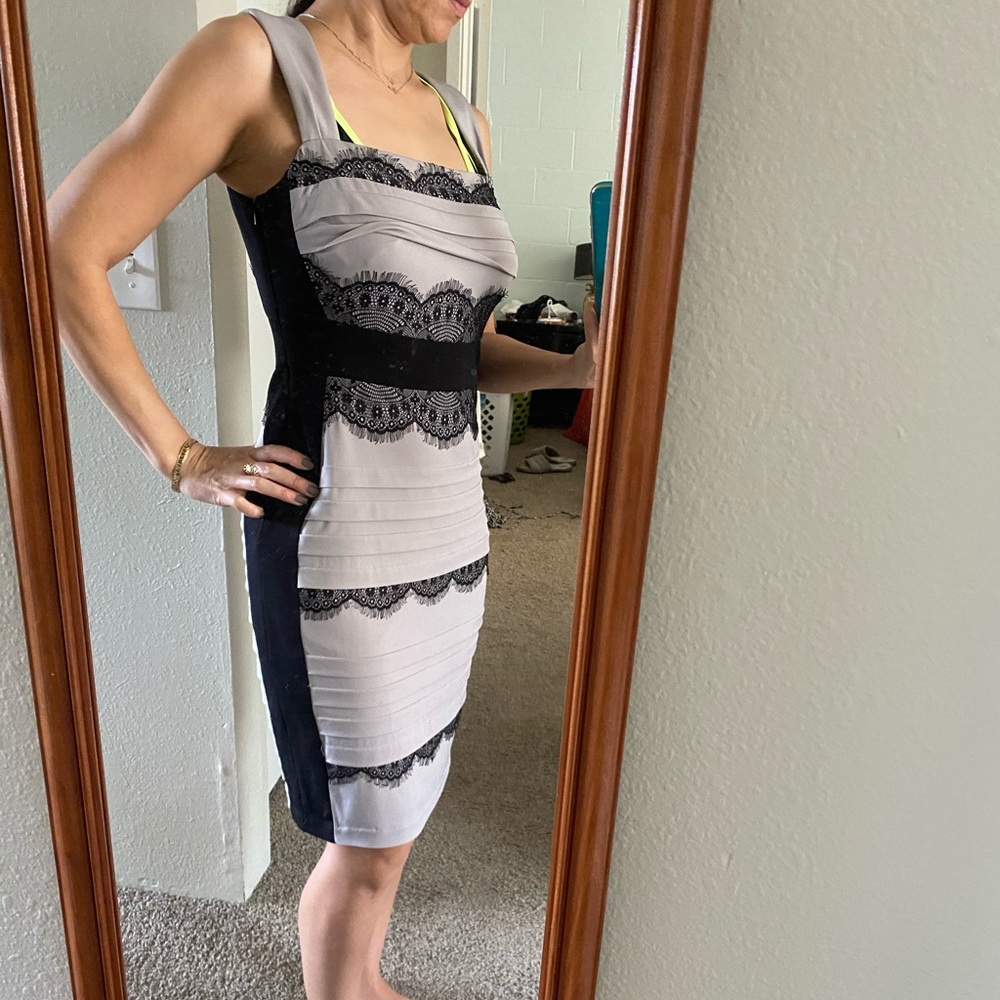 Beige and black lace elegant evening dress - Picture 4 of 10